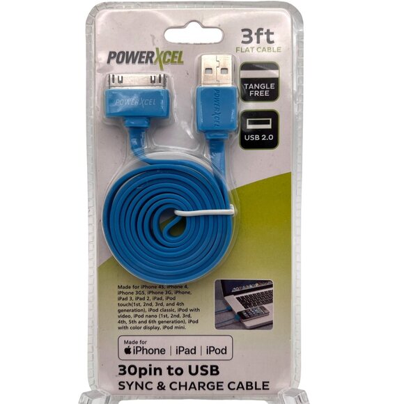 PowerXcel 3ft Flat 30-Pin To USB Sync & Charge Cable For iPhone/iPad/iPod New - Picture 1 of 9